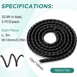 Flutesan Dog and Cat Cord Protector 10 mm Spiral Cable Wire wrap from Pets no chew cat proofing Cords 5 Pcs/Pack for TV Computer Ebike Electrical Wire(24.6 ft,Black)