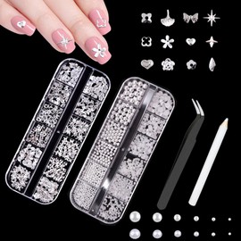 3D Nail Charms Flatback Pearls, Pearls for Crafts, Pearls with Rhinestones for Nail Art Women Girls Manicure Nails Supplies DIY Crafts Decorations