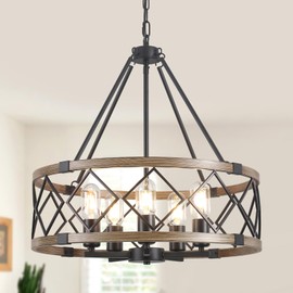 20'' Farmhouse Chandeliers for Dining Room, 5-Light Metal Wood Texture Kitchen Island Lighting, Rustic Drum Chandelier Hanging Light Fixture for Foyer Bedroom Living Room Entryway