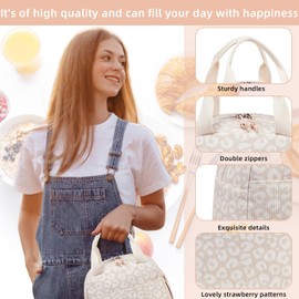 LEDAOU Insulated Lunch Box Women Reusable Lunch Bag Cord Lunch Tote Handbags Leakproof Thermal Cooler Lunch Case Large Capacity (Leopard Print White)