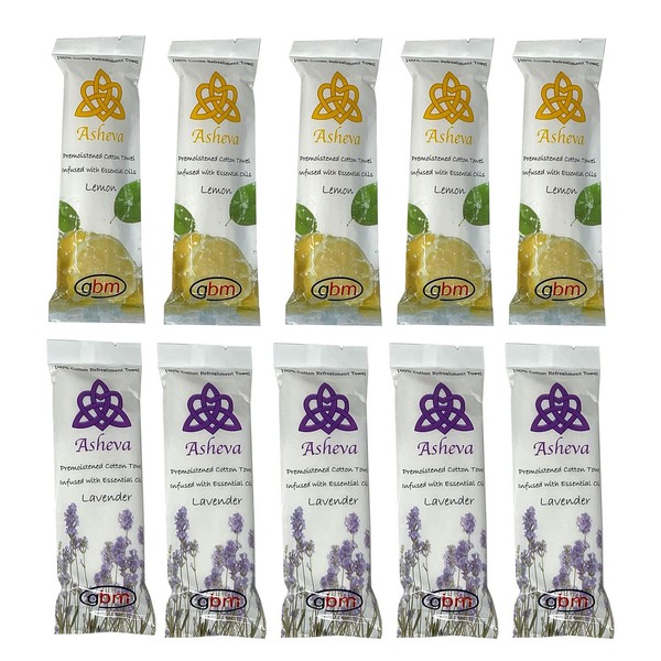 Asheva - 8" x 9" Individually Wrapped Moist Cotton Hot/Cold Refreshment Towel (Variety (Lemon/Lavender), 10 Pack)