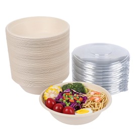 JAYEEY 32OZ Round Disposable bowls with lids, Sugarcane Fiber Biodegradable Paper Bowls  take away food containers Eco-friendly Plant Fibers Microwave & Freezer Safe 50 PACK