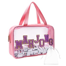 Empty Mahjong Tile Bag, Pink Clear PVC Mahjong Case with Handle, Zipper Waterproof Mah Jong Tile Storage Bag for American Mah Jong Lover Gifts, Portable Travel Storage12.4 x 8.5 x 3.5 In(Case Only)