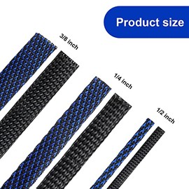 Xuniea 6 Rollos de 16 Pies Manguitos de Cable Trenzado de Telar de Alambre con 127 Tubos Termorretráctiles para Cable de Dispositivo (Negro y Azul, 1/2 Pulgadas, 1/4 Pulgadas, 3/8 Pulgadas)