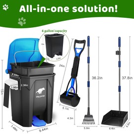 Uppcasir Dog Poop Trash Can Outside with Pooper Scooper and Metal Rake & Tray, 20L/5Gal Dog Waste Trash Can with Lid, Pedal and Removable Inner Waste Bin, Dog Poop Bin with 100 Bags, Blue