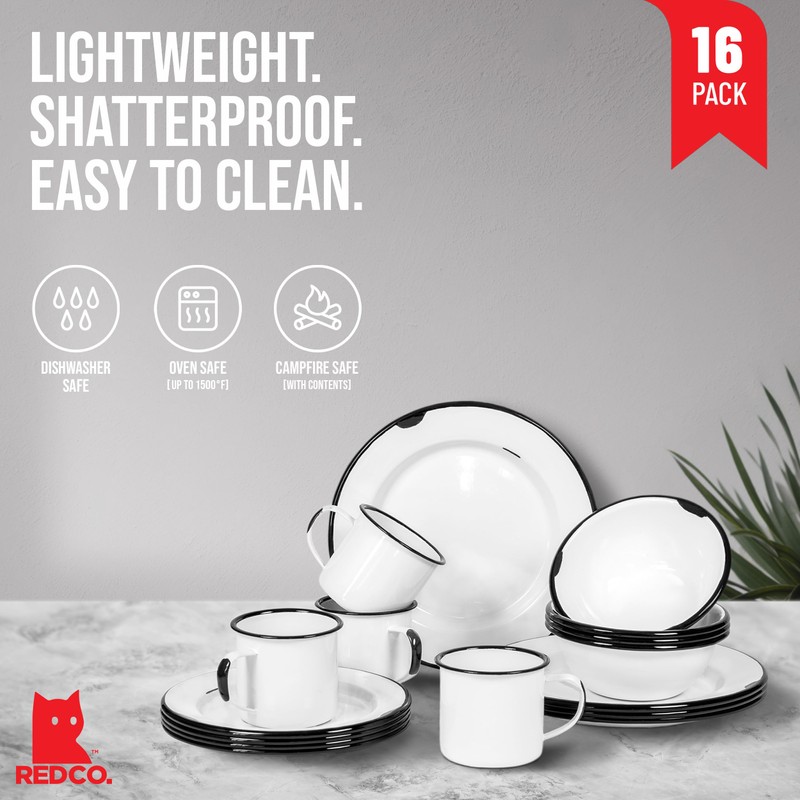 Red Co. 16-Piece Enamelware Metal Dinnerware Set for 4, Distressed
