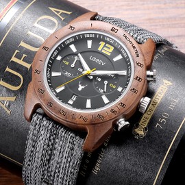 LeeEv Men's Sport Design Wooden Watch, Handmade Light Luminous Multifunctional Date Display Chronograph Military Quartz Bamboo Wood Wristwatch