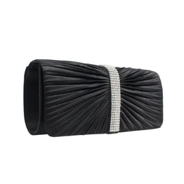 Eleoption Womens Satin Diamante Ladies Pleated Bow Wedding Bridal Prom Handbag Clutch Bag, Black(Size: X-Large)