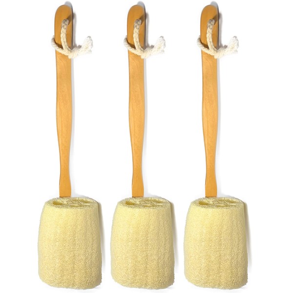 3 Pack Natural Exfoliating Loofah luffa loofa Bath Brush On a Stick - With Long Wooden Handle Back Brush For Men & Women - Shower Sponge Body Back Scrubber