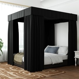 Hvqic Black Canopy Bed Curtains - 4 Corner Post Bed Curtains Queen Bed Curtain Lightproof Drapes Bed Canopy for Adults & Girls Bedroom Decoration (Queen,Black)