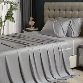 HYPREST Grey Sheets Queen- Rayon Derived from Bamboo, Silk Soft Breathable No Sweat Cooling Sheets for Hot Sleepers,Extra Deep Pocket Queen Sheets Fits 18"-24" Thick Mattress Luxury Bed Sheets Set