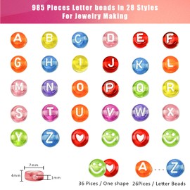 985 Pieces Letter Beads Kit,28 Styles Friendship Bracelet Kit Alphabet Beads Smiley Face Beads for Bracelets Jewelry Making Kit (White Letter Colored Bead)