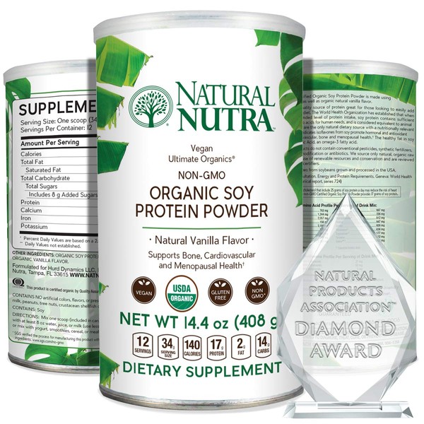 Natural Nutra Organic Vegan Plant-Based Soy Protein Powder, Supports Bone and Improves Cardiovascular Health, Gluten Free, Non GMO, Sugar-Free 14.4 OZ