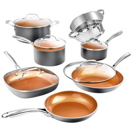 Gotham Steel 12 Pc Ceramic Cookware Set Nonstick, Ceramic Pots and Pans Set Non Stick with Steamer for Cooking, Non Toxic PFOA PFOS Free, Ergonomic Stay Cool Handles, Oven & Dishwasher Safe, Copper