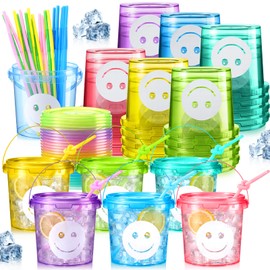 24 Pack 32oz Smile Face Drink Buckets with Lids and Straws Pastel Preppy Clear Plastic Cocktail Rum Bucket Cups for Drink Lemonade Reusable Versatile Bucket Cups for Party Supplies