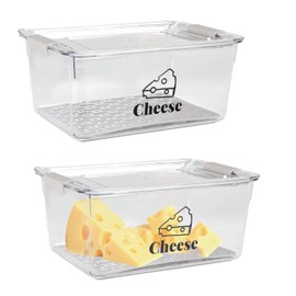 Yomjarl Cheese Container Airtight with Draining Basket Cream Cheese Sliced Cheeses Box with Lid Saver for Fridge Cheeses Keeper Cream Block Shredded Storage Box Saver (Clear - 2 Pack)
