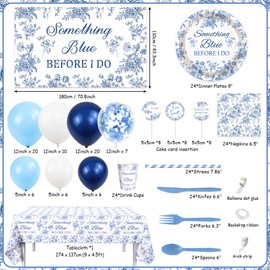 AIBIIN Something Blue Before I Do Bridal Shower Decorations, Blue and White Balloons Garland Arch Kit with Blue Flower Party Backdrop and Blue Bridal Shower Tableware Set for Bachelorette Party