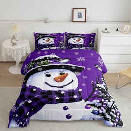 Feelyou Kids Christmas Theme Decorations Bedding Set Xmas Snowman Comforter Set for Boys Girls Snowflake Kawaii Cute Comforter Purple Quilt Set Bedroom Collection Twin Size
