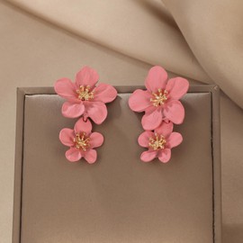 Flower Earrings for Women Pink Statement Earrings Double Layered Flower Dangle Earrings Boho Floral Drop Earrings Wedding Party Jewelry for Women