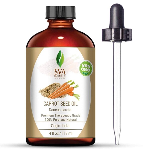 SVA Organics Carrot Seed Carrier Oil with Dropper- 118 ml (4 fl. oz.) 100% Pure, Natural, Cold Pressed and Therapeutic Grade For Moisturized Skin, Shiny Hair, Aromatherapy & Massage