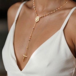 Virgin Mary Cross Rosary Necklace for Women，Virgen de Guadalupe Long Gold Silver Rosary Catholic Cross Beads Crucifix Necklace Women jewelry Religious Gift for Confirmation Baptism First Communion
