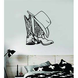Cowboy Boots and Hat Art Wall Decal Sticker Vinyl Room Bedroom Decor Teen Rodeo Cowgirl Farm Country America Southern