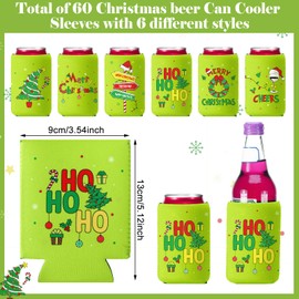 SiliFine 60 Pcs Christmas Beer Can Cooler Sleeves 12 oz Elf Lime Green Can Sleeves Funny Insulated Neoprene Can Holders Bulk Xmas Soda Beer Drink Cover for Winter Holiday Party Decorations Supplies