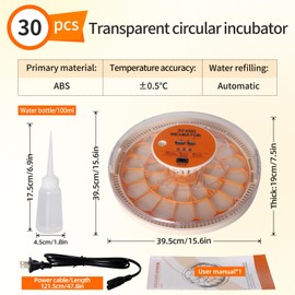 30 Egg Automatic Turner Incubator with Thermometer Seat and Humidity Control,Built-in 360° Egg Candler and Transparent Shell Window, Incubators for Hatching Chicks for Chicken, Duck, Quail