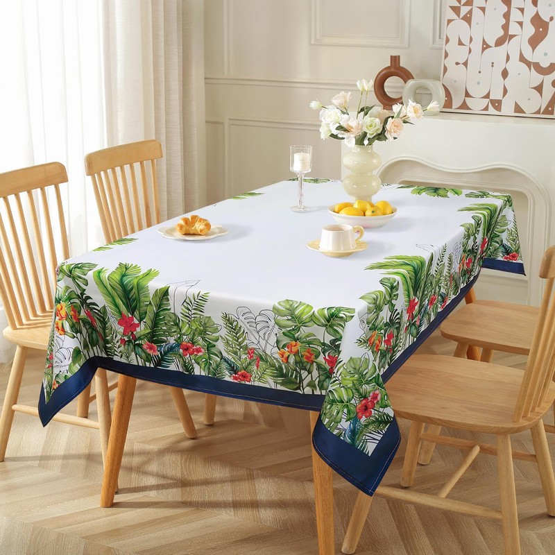 Arquiel Tropical Palm Leaf Tablecloth Waterproof, Summer Floral Bordered Rectangle