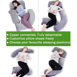AS AWESLING 60in Full Body Pillow | Nursing, Maternity and Pregnancy Pillow | Extra Large U Shape Pillows with Detachable Side, Separate Support Pillow and Removable Cover (Velvet and Jersey Grey)
