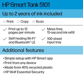 HP Smart-Tank 5101 Wireless All-in-One Ink-Tank Printer with up to 2 Years of Ink Included (1F3Y0A),White