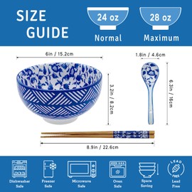 KeQiu 24 Oz Ceramic Japanese Bowl with Non-slip Spoon and Chopsticks, 6 Inch Cereal Bowl for Ramen, Noodle, Soup, Oatmeal, Fruit and Rice, Dishwasher & Microwave Safe, Floral & Striped Pattern
