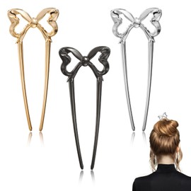 4 Pcs French Twist Hair Pin for Women Girls Metal Bow French Pins U Shaped Hair Hairpins Gold Forks Hairstyle Accessories Ideal for Thick Buns and Twist (Gold, Silver, Black)