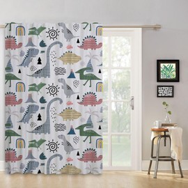 ggaimwf Dinosaur Curtains for Children's Room, Cartoon Dino Jurassic Wildlife, Cute Volcano Window Curtains with Loop, Children's Room, Hanging Room Divider, Interior Curtain, 107 x 160 cm, 1 Panel