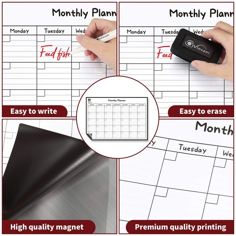 Vinsani Monthly Whiteboard A3 Size - Make Notes, Lists, Memos,