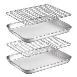Baking Sheet with Rack Set, Yododo Set of 4 (2 Sheets + 2 Racks), Stainless Steel Cookie Sheet Baking Pan Tray with Cooling Rack, Non Toxic & Heavy Duty & Easy Clean - Size of 9 inch