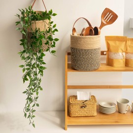 Goodpick 2pack Jute Hanging Basket, Wall Hanging Storage Baskets 7.87" x 7" Small Woven Basket Closet Storage Bins Shelf Basket for Keys Wallet Plants Towels, Toys, Jute Woven Basket
