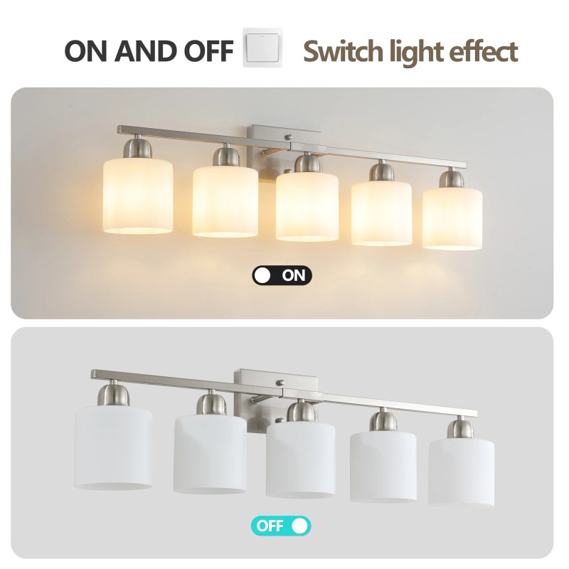 Milk Glass Bathroom Vanity Light Over Mirror, 5 Light Matte
