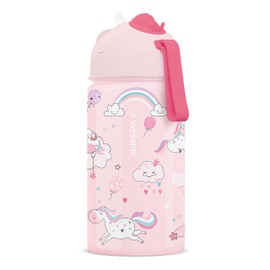 Wessper Children's Drinking Bottle with Straw, 410 ml, Stainless Steel, Leak-Proof, Feather-Light, 1-Click Closure, BPA-Free, for Nursery or School, Sports, Pink with Unicorn Motif