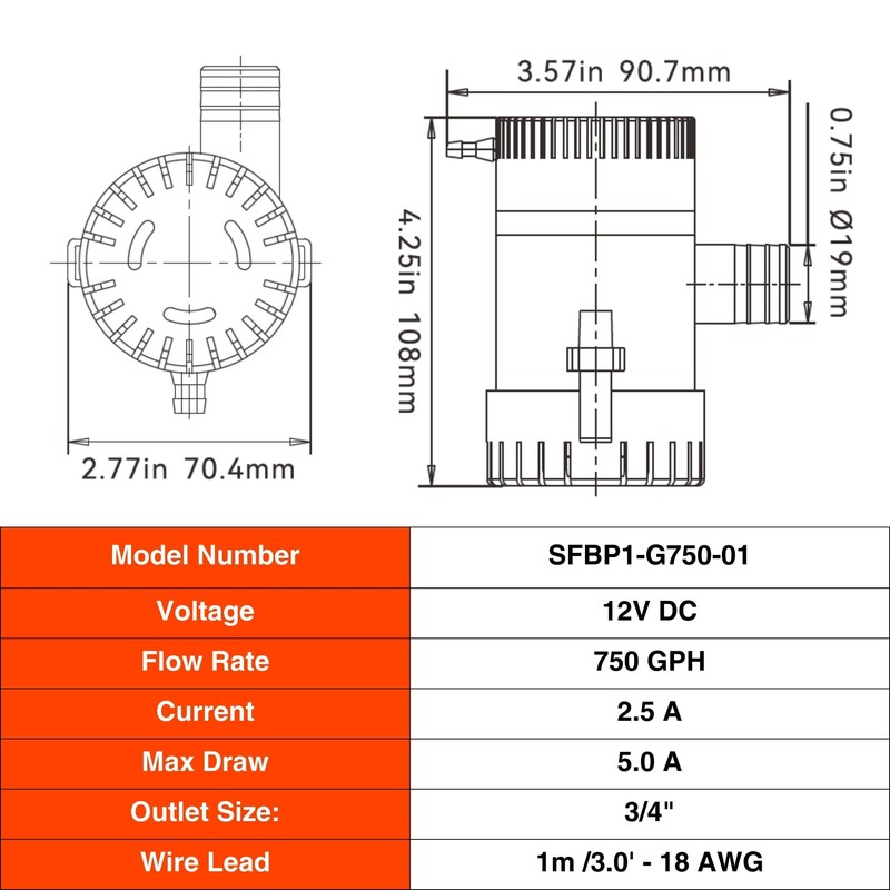 SEAFLO 01 Series 750 GPH Bilge Pump – 12V, 3/4"