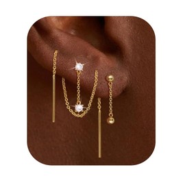 Trendy Zircon Tassel Chain Threader Earrings Set for Women Chain Dangle Earrings Dainty Rhinestone Hoop Earrings Set for Women Stack Jewelry Long Drop Ear Line (Gold-one ear-A)