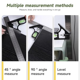 Set Square 300mm/12Inch - Stainless Steel Combination Square with Bubble Level - Adjustable 45°/90° Measuring Tool for Carpenter, Engineer, and Woodworking