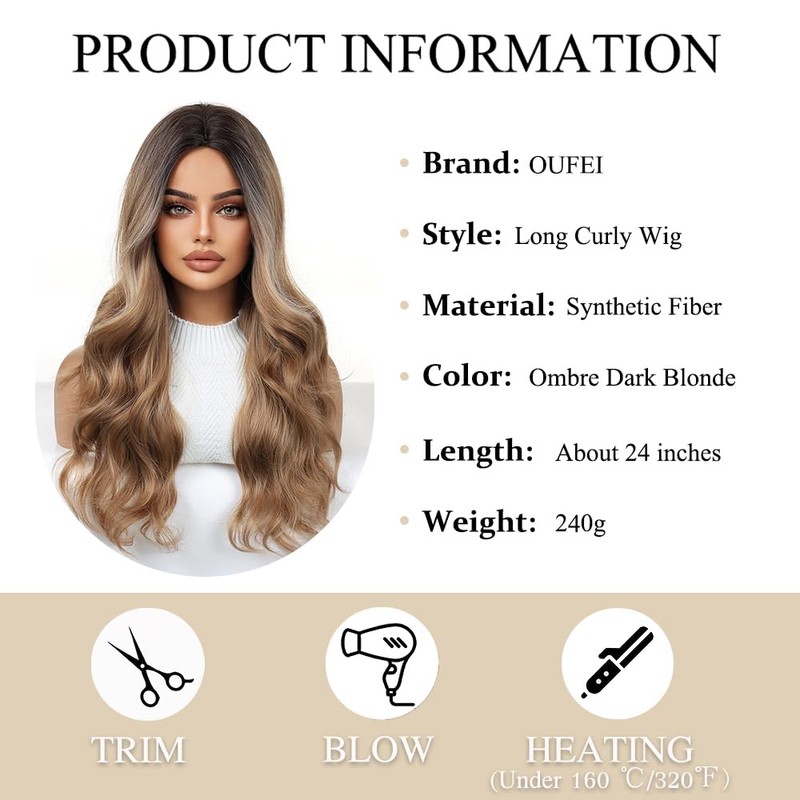 OUFEI Ombre Light Brown Wigs for Women Long Curly Wig