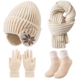 Saier tbo 4 Packs Women Winter Hat Scarf Gloves Socks Set, Fleece Lined Beanie Hat with Ear Covers Warm Touch Screen Gloves Long Knit Scarf Warmer Stocking for Girls Winter Accessories Cold Weather