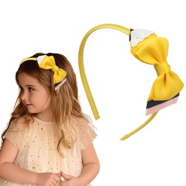 Ecuupas Yellow Pencil Bow Headbands for Women,Back to School Hairband,Glitter Pencil Hair Hoop Design,Students Teacher Hair Accessories for School Classroom Activities