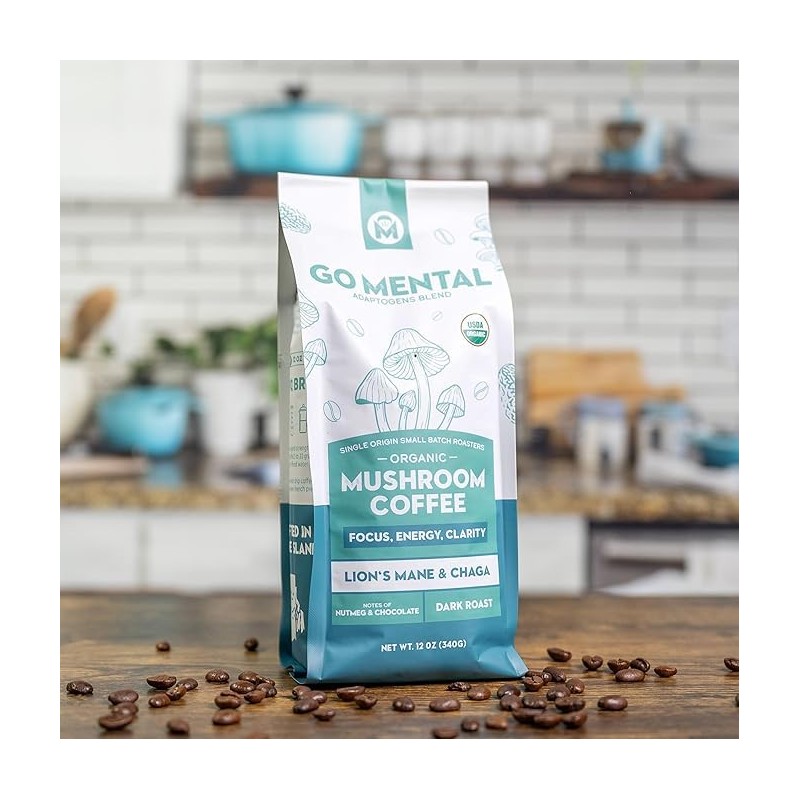Organic Lion's Mane and Chaga Mushroom Coffee Dark Roast, Full
