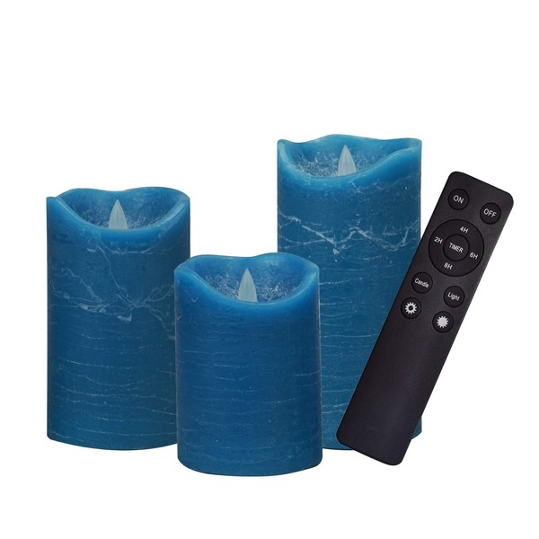 3 Pack Real Wax Flameless Candles Battery Operated LED Pillar Flickering Realistic Electric Candle Gift Sets with Remote Control and Cycling 24 Hours Timer 3”D X 4"5"6"H (Blue)