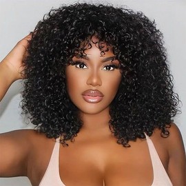 DÉBUT Glueless Bob Wigs Human Hair Short Curly Wigs with Bangs Wear and Go Kinky Curly Brazilian Hair Wigs 200% Density for Black Women 1B 12 Inches