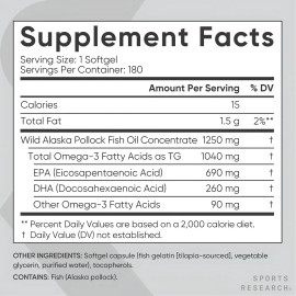 Omega 3 Fish Oil Alask Aceite De Pescado 180 Caps 1250mg Contiene los niveles ms altos de triglicridos Omega-3 EPA y DHA Por Cpsula Blanda El mejor...