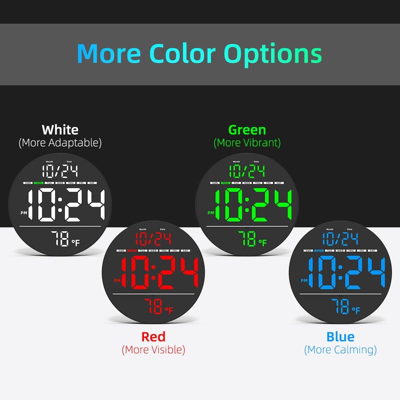 Digital Wall Clock with Large LED Display, Date, Temperature, Auto-Brightness